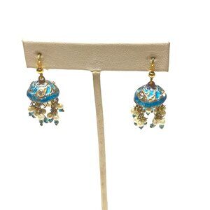 Vintage Blue & Gold Enamel Dangle Jhumka Earrings With Beaded Tassels